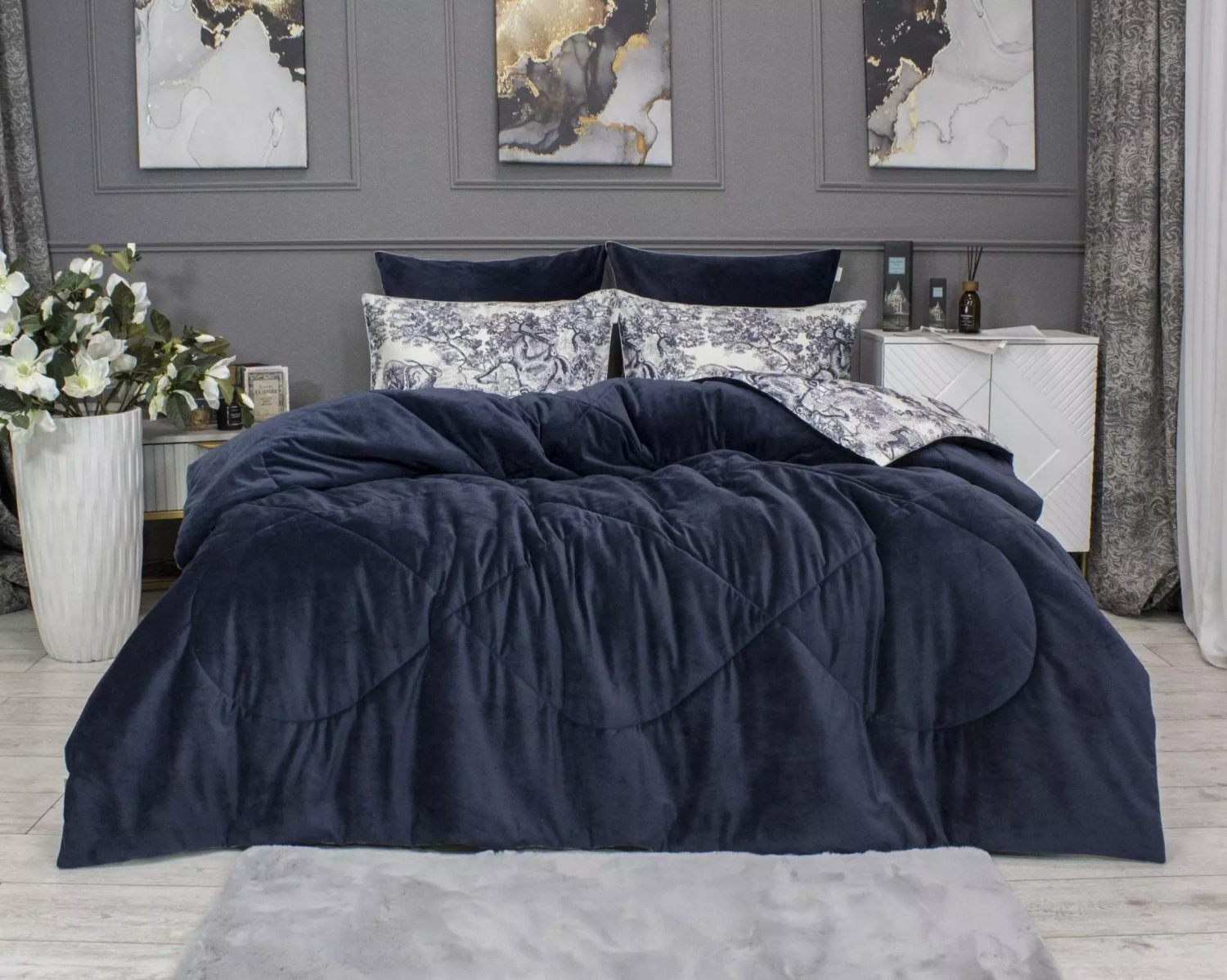 Комплект с одеялом KAZANOV.A “Нала” индиго жемчуг (египетский хлопок-велюр), 1.5 спальный