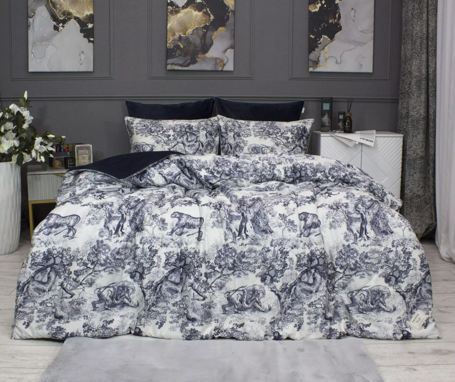 Комплект с одеялом KAZANOV.A “Нала” индиго жемчуг (египетский хлопок-велюр), 1.5 спальный